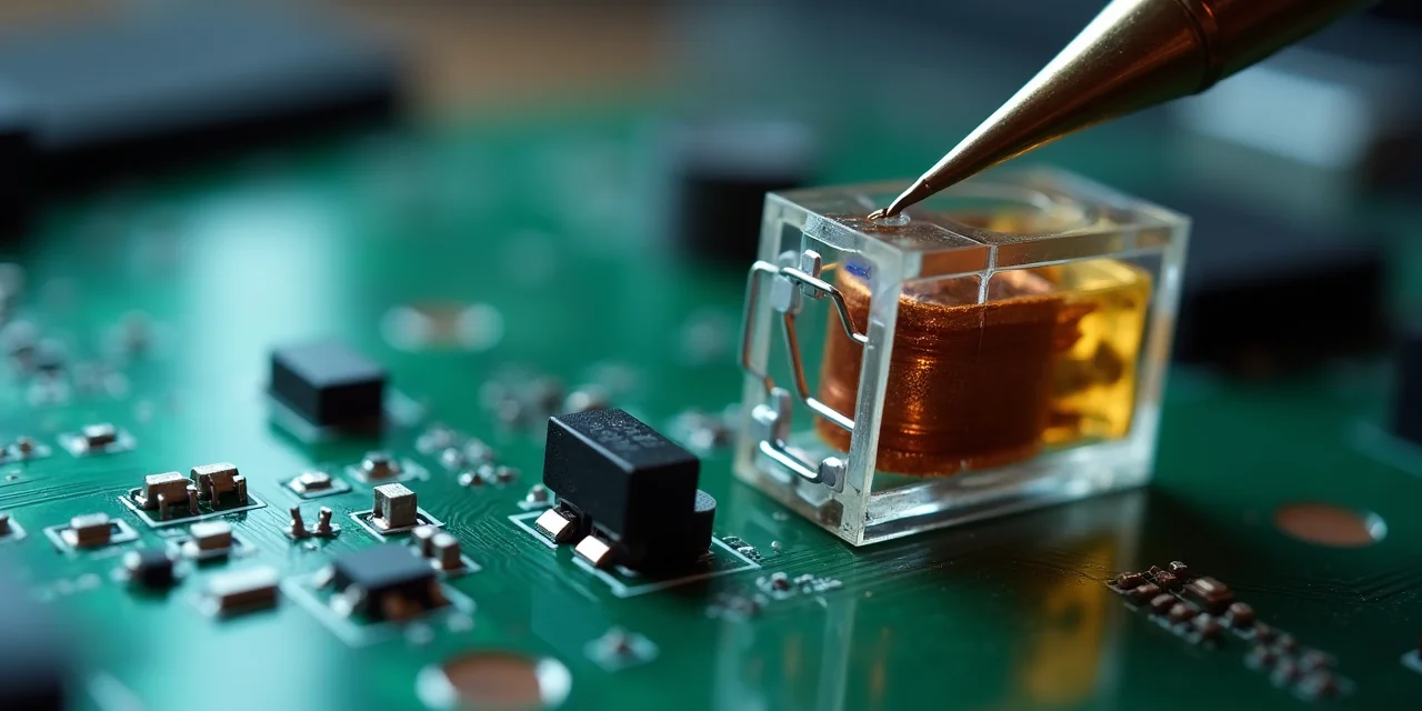 Electronic relay on circuit board with contacts open and measurement probe injecting signal into the break