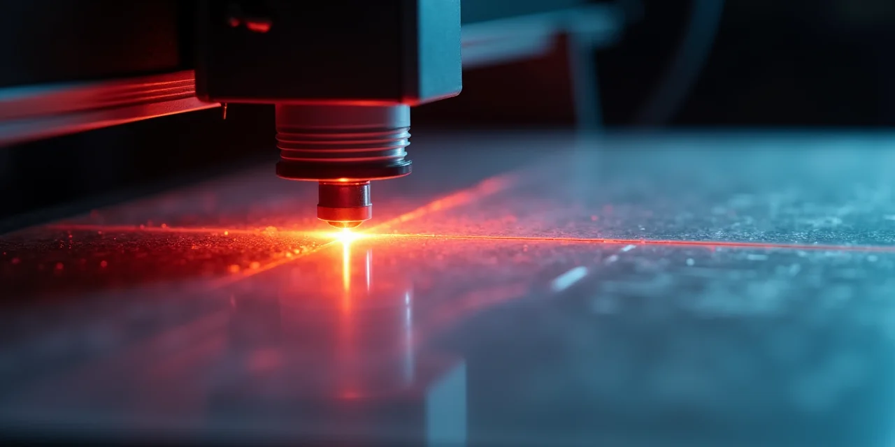 A precision laser cutting through a sheet of frosted acrylic that has a waveform pattern etched into it