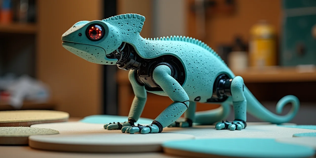 A chameleon robot on a workbench changing its surface pattern to match different acoustic foam textures placed around it