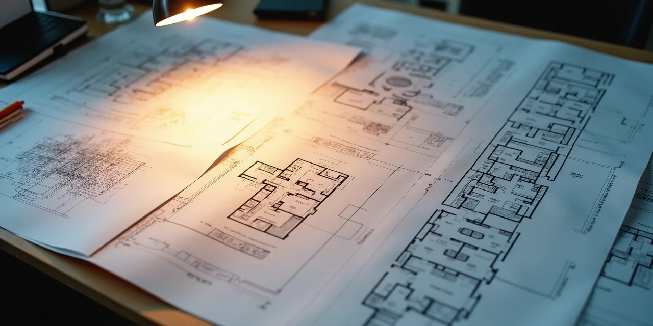 An architect's desk covered in dozens of different floor plan blueprints layered on top of each other