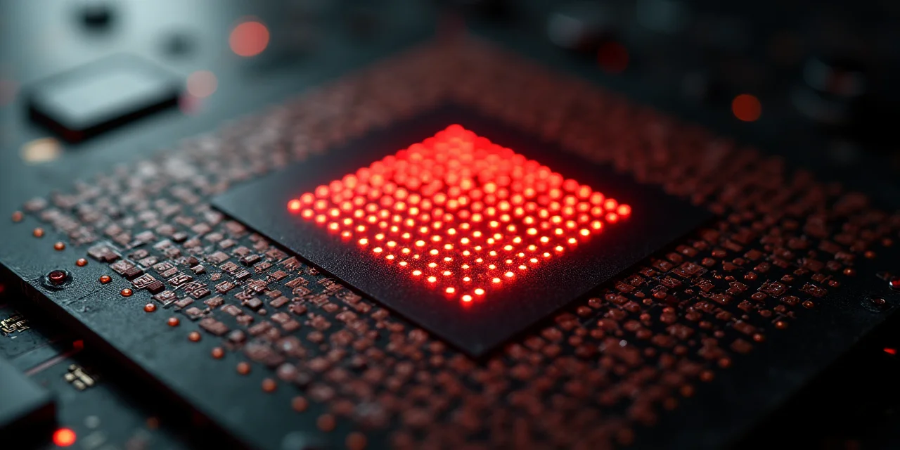Camera image sensor die under magnification showing photosite pixel grid with highlighted region