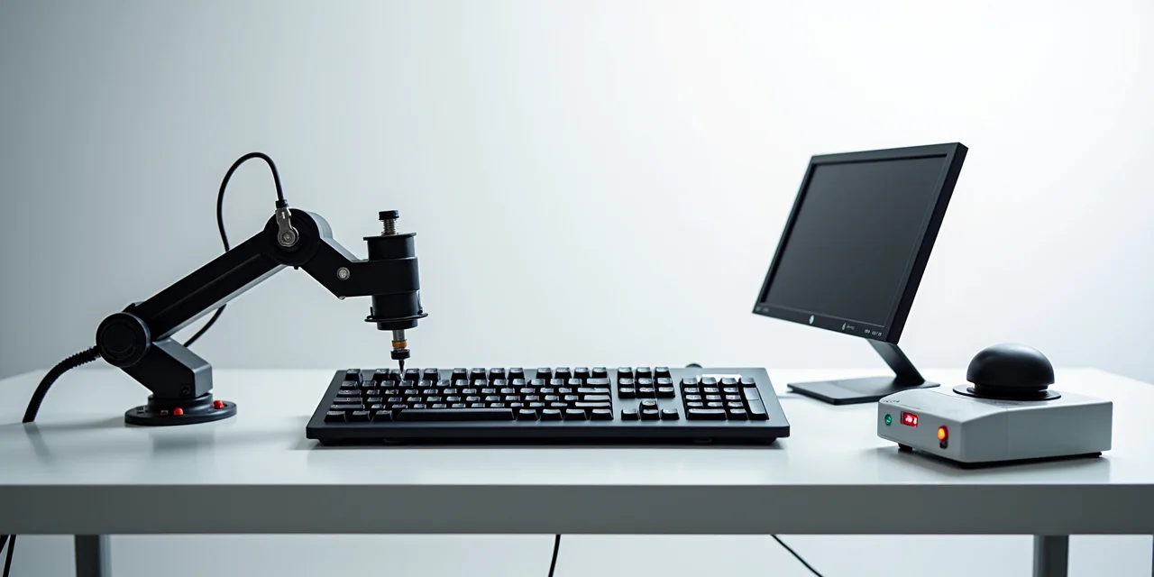 A hardware test rig with a mechanical actuator arm positioned precisely over a keyboard and a separate servo-driven trackball mechanism beside it,  both connected to a control unit with status indicator LEDs