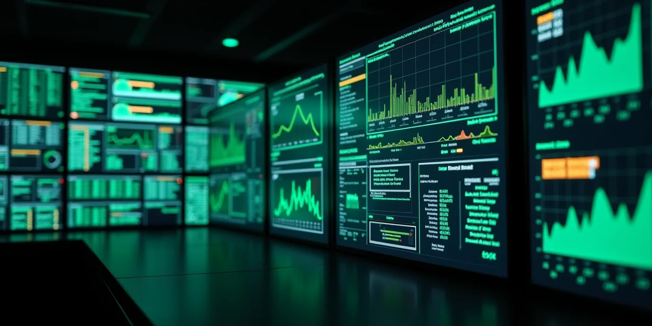 A mission control screen wall showing a grid of health dashboards
