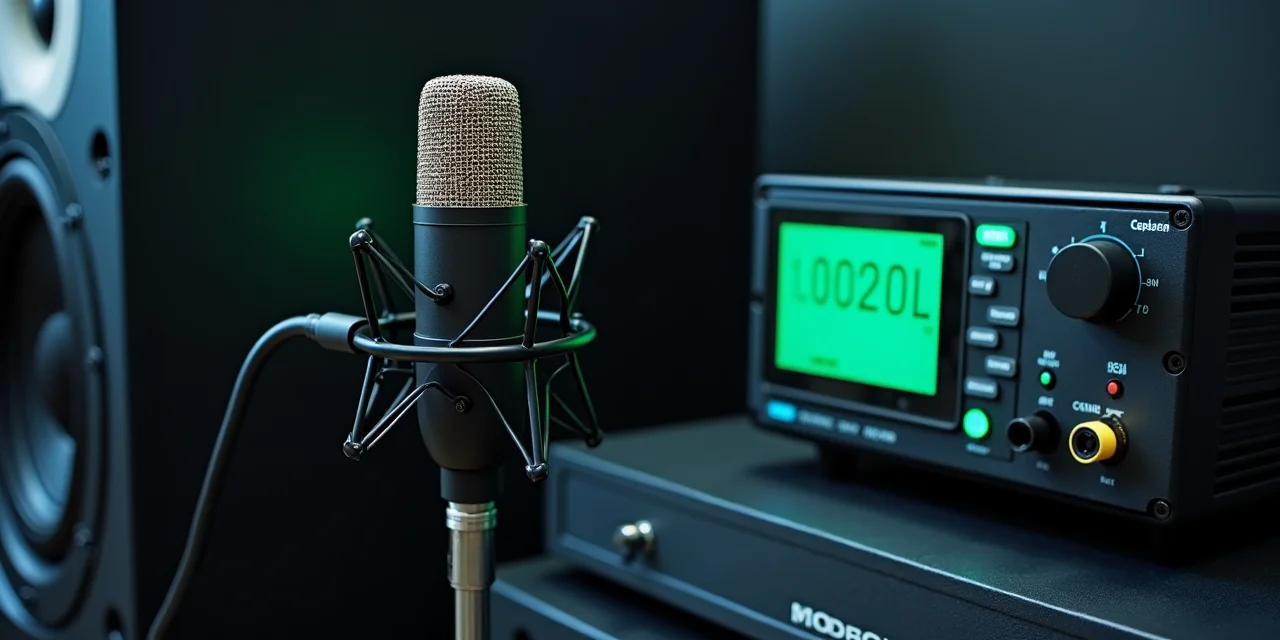 A calibration microphone positioned in front of a reference speaker with a precision sound level meter displaying exa...