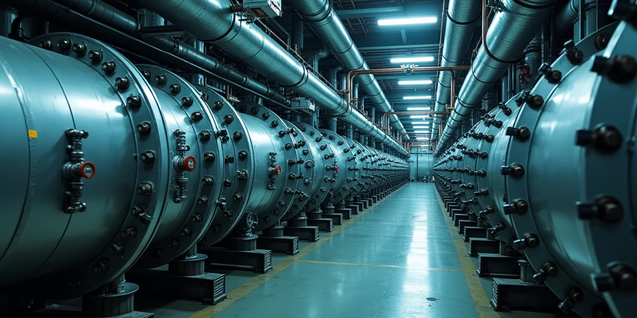 A massive industrial pipeline system with valves