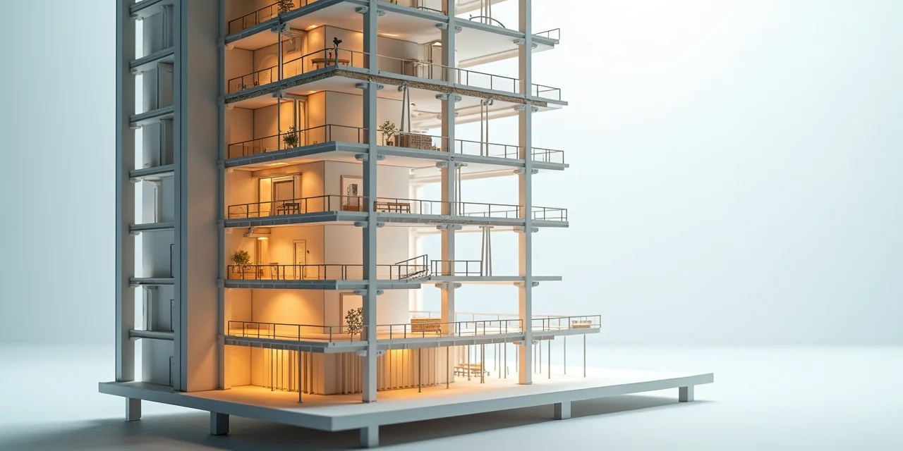 Cross-section of a skyscraper model showing the internal structural framework with beams