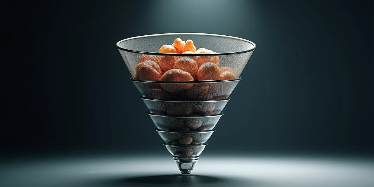 A funnel made of progressively finer metal mesh screens stacked vertically