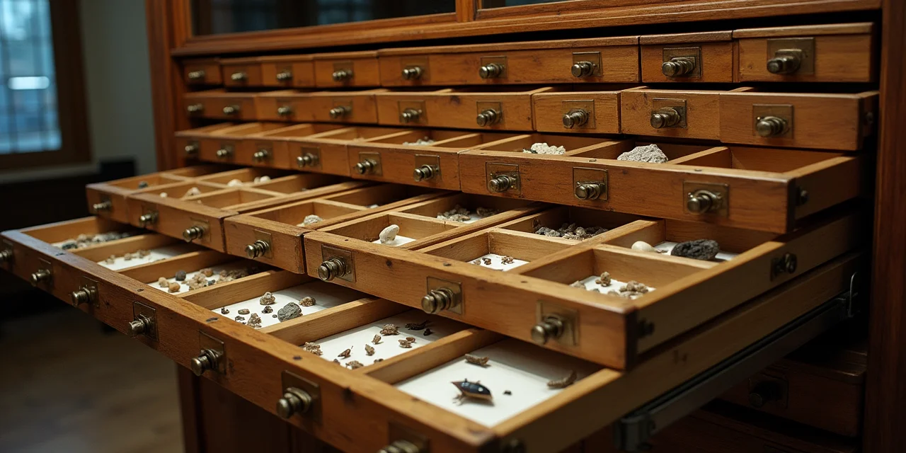 A specimen collection cabinet with drawers arranged in a tree pattern