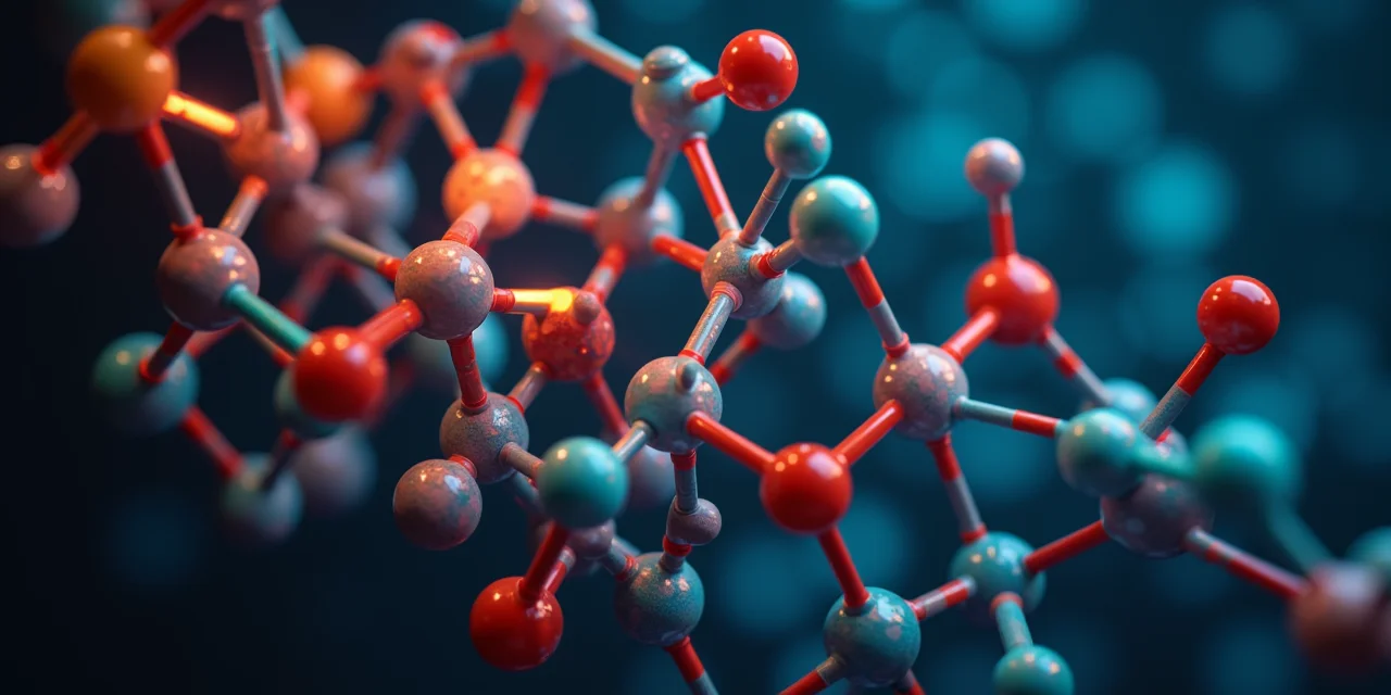 A molecular model made of colored balls and connecting rods arranged in a complex 3D network structure