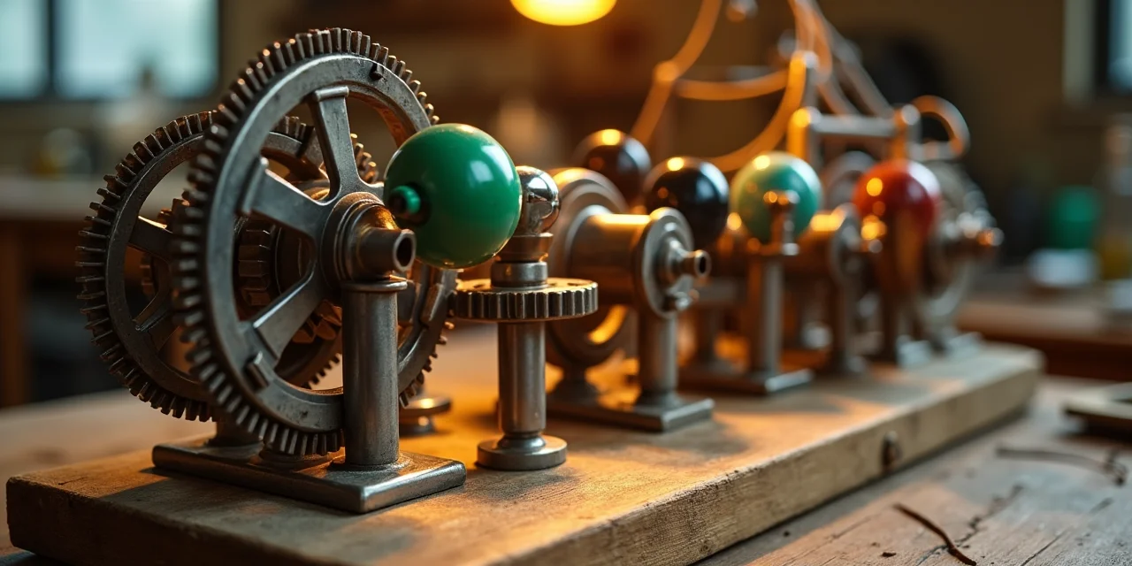 A Rube Goldberg machine mid-action with marbles rolling through tubes