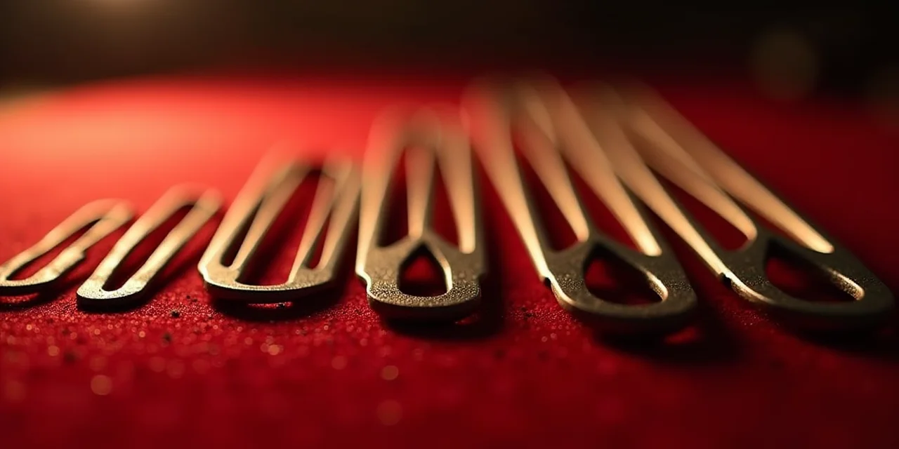 Tuning forks of different sizes arranged in a graduated row on a velvet surface