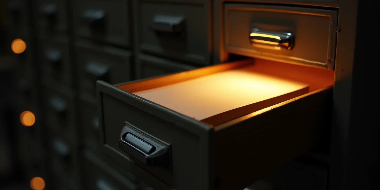 A library card catalog with one drawer pulled open