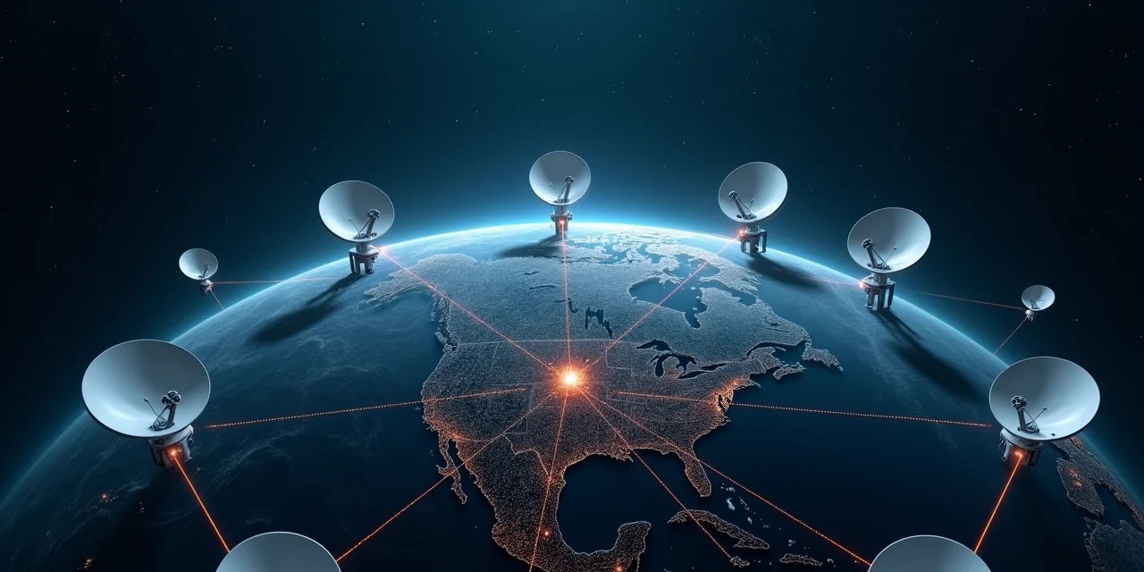A globe surrounded by satellite dishes pointing in different directions