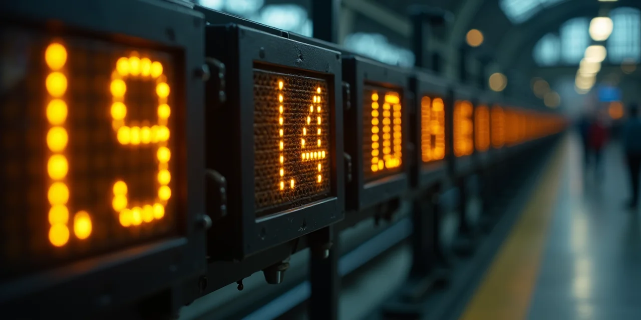 A row of mechanical flip-dot display panels showing different states in sequence