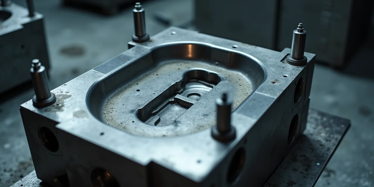 A precision injection mold opened in two halves on a manufacturing bench