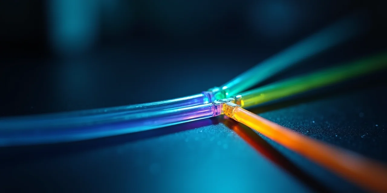 A single thick fiber optic cable splitting into five thinner colored fibers through a beam splitter coupler