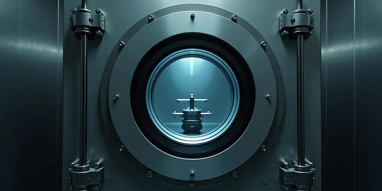 A thick-walled pressure test chamber with a single circular viewport of layered safety glass