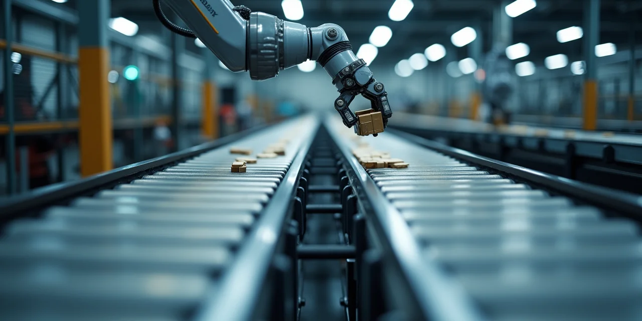 Two parallel conveyor belts running in the same direction with a robotic arm transferring items between them in preci...