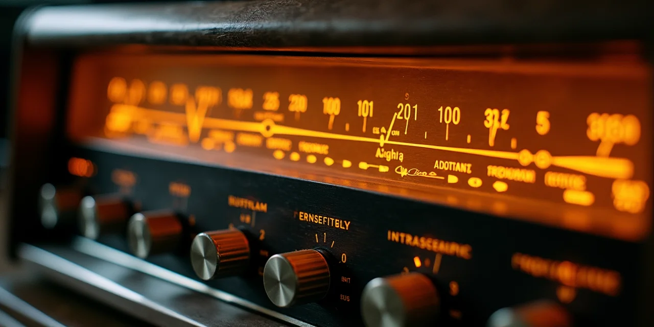 A vintage radio with multiple analog tuning dials and frequency knobs