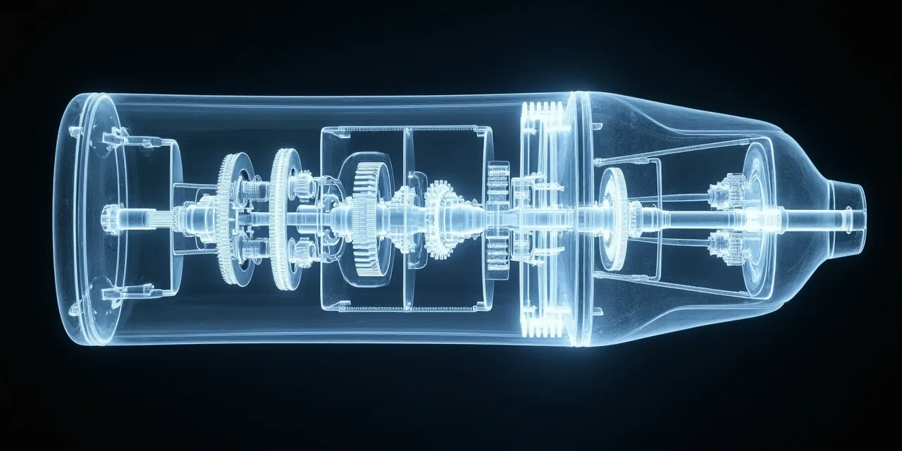 An X-ray photograph of a complex mechanical device revealing its hidden internal gears and springs
