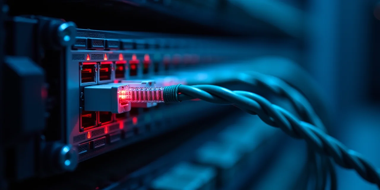 A network patch panel with one cable visibly spliced and tapped, revealed under forensic UV light in a dark server room
