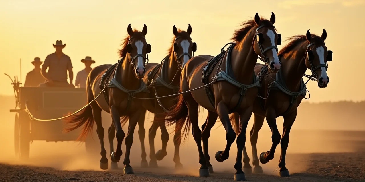 A team of draft horses in harness pulling the same heavy load together