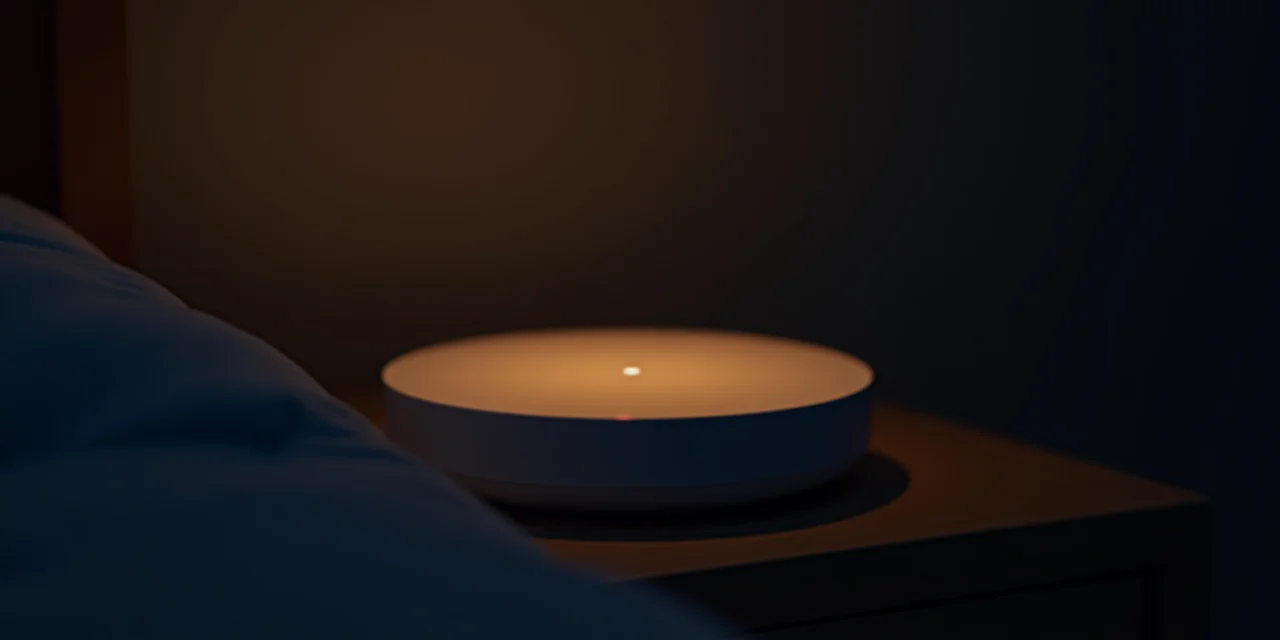 A smart home device on a nightstand with a single small amber LED dot glowing in an otherwise completely dark room