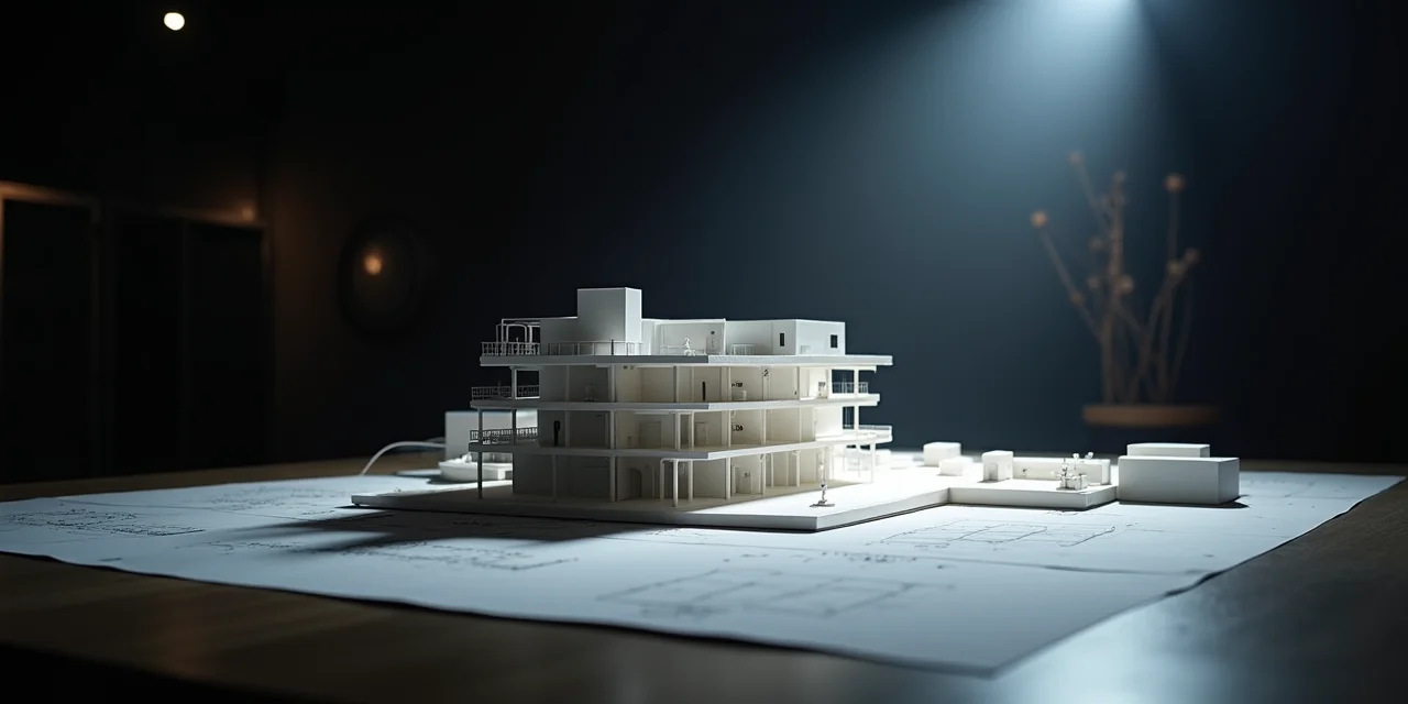 A detailed architectural scale model of a complex building on a dark presentation table