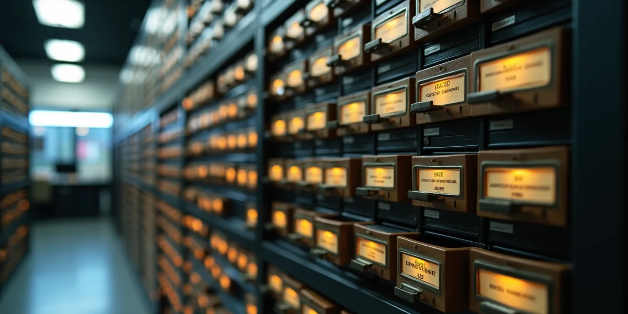 A massive filing cabinet with cascading drawer labels getting more specific at each level