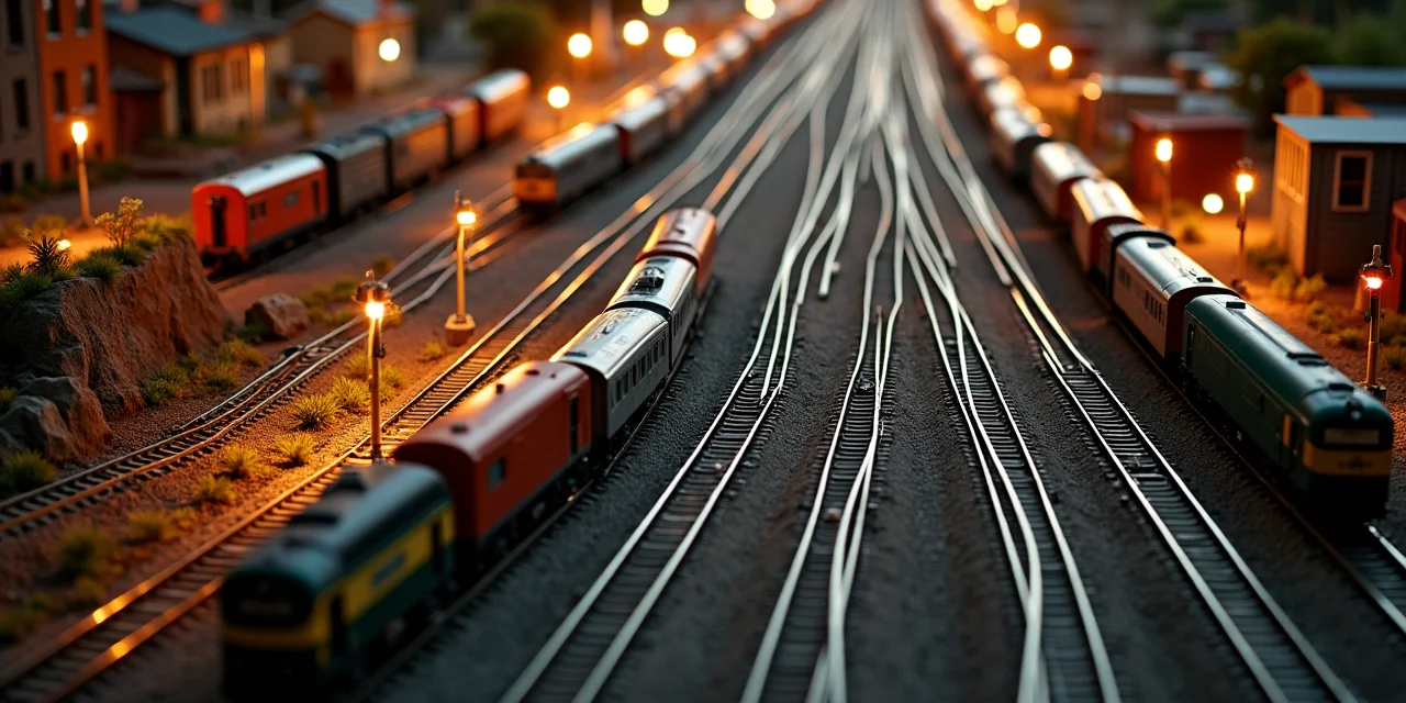 A complex model railway switching yard seen from above with trains on parallel tracks being routed through switches t...