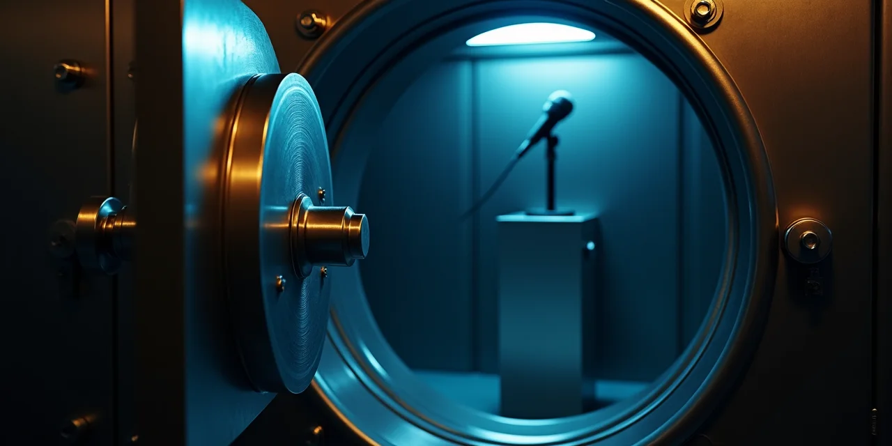 A bank vault door slightly ajar revealing a single microphone inside on a pedestal