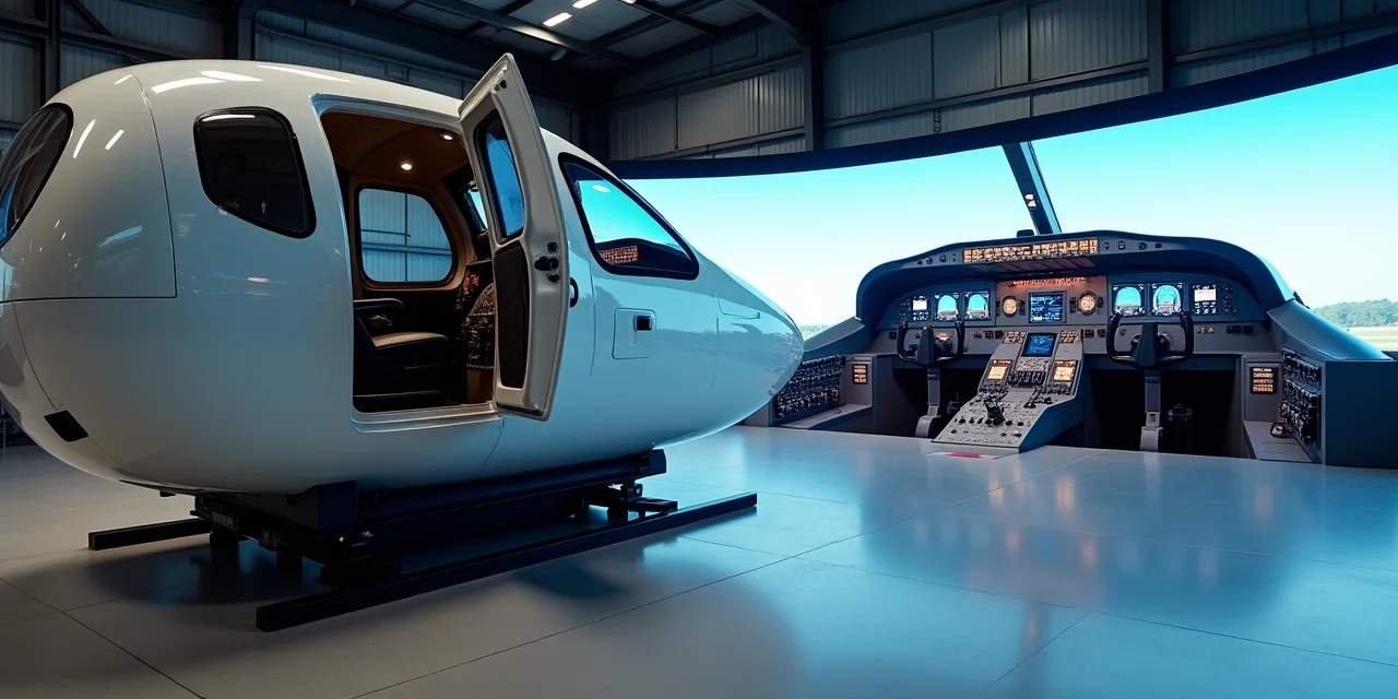 A flight simulator cockpit pod on its hydraulic motion platform with the exterior access door open showing the interior instrument panels and pilot seat, the simulator pod physically separate from but clearly replicating a real cockpit visible in the background hangar