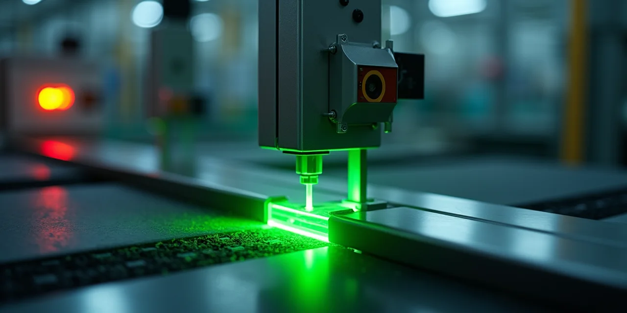 A quality control checkpoint on a manufacturing line with a laser measurement gate