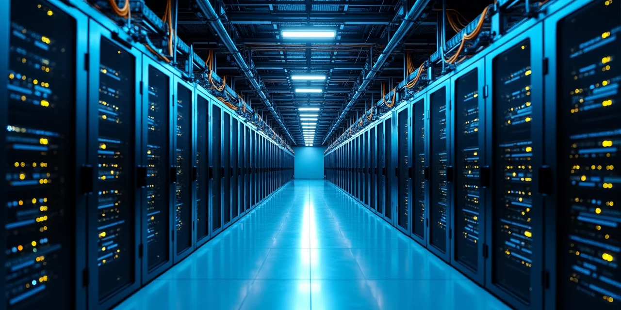 A long data center hot aisle stretching to a vanishing point with hundreds of server racks on both sides