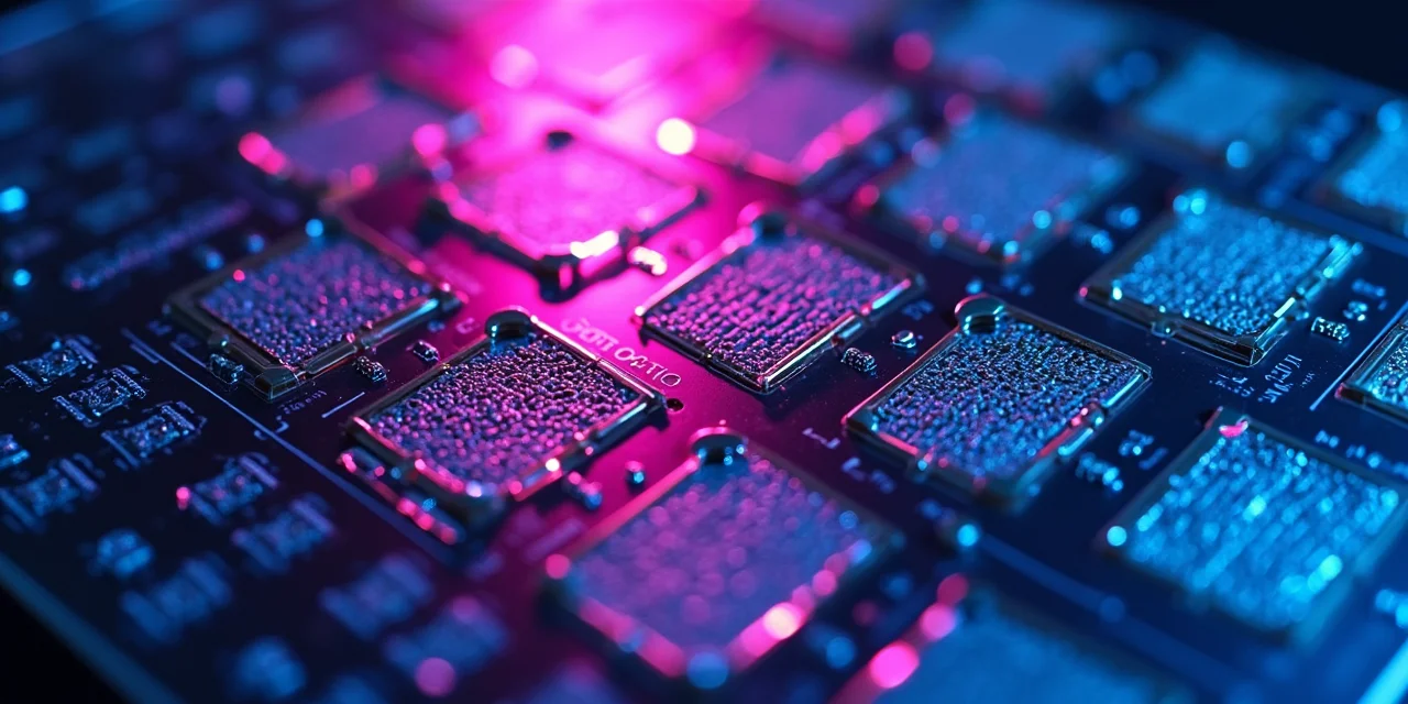 A silicon wafer with dozens of slightly different chip die patterns arranged in a grid