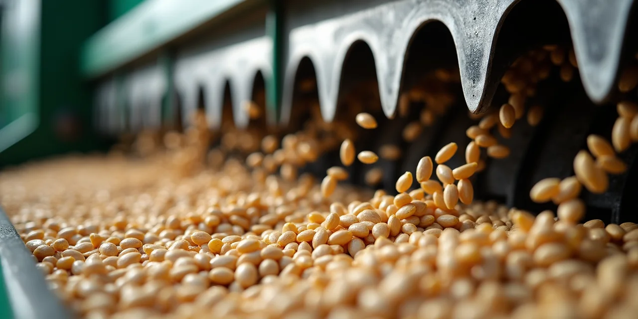 A seed sorting machine with multiple chutes separating seeds by size and type into different collection bins