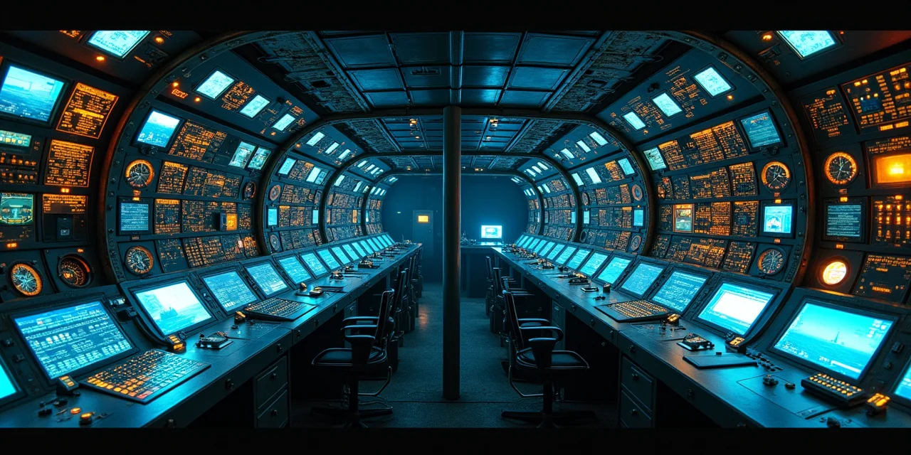 The interior of a submarine control room showing the dense array of instruments gauges and display screens covering every wall surface,  a periscope column rising through the center