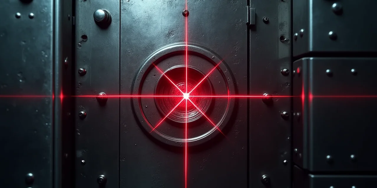 A vault door with an embedded speaker grille and a red laser grid scanning pattern across its surface