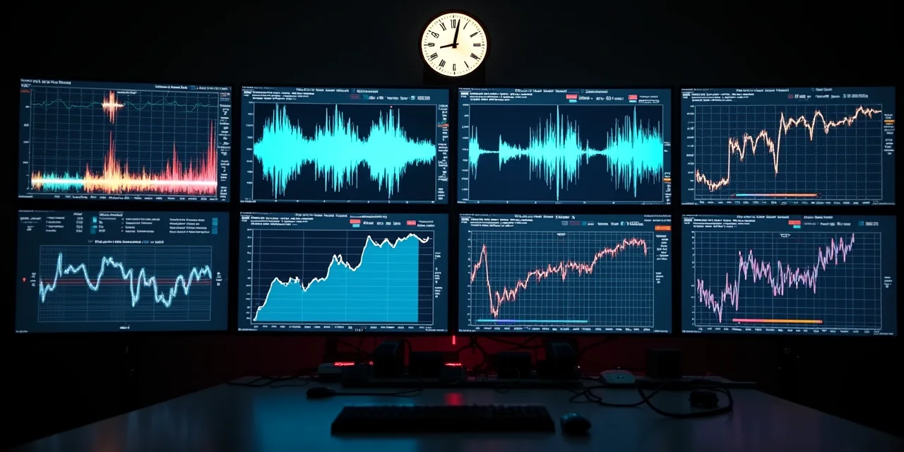 A broadcast monitoring wall with four different screens each displaying a different signal type
