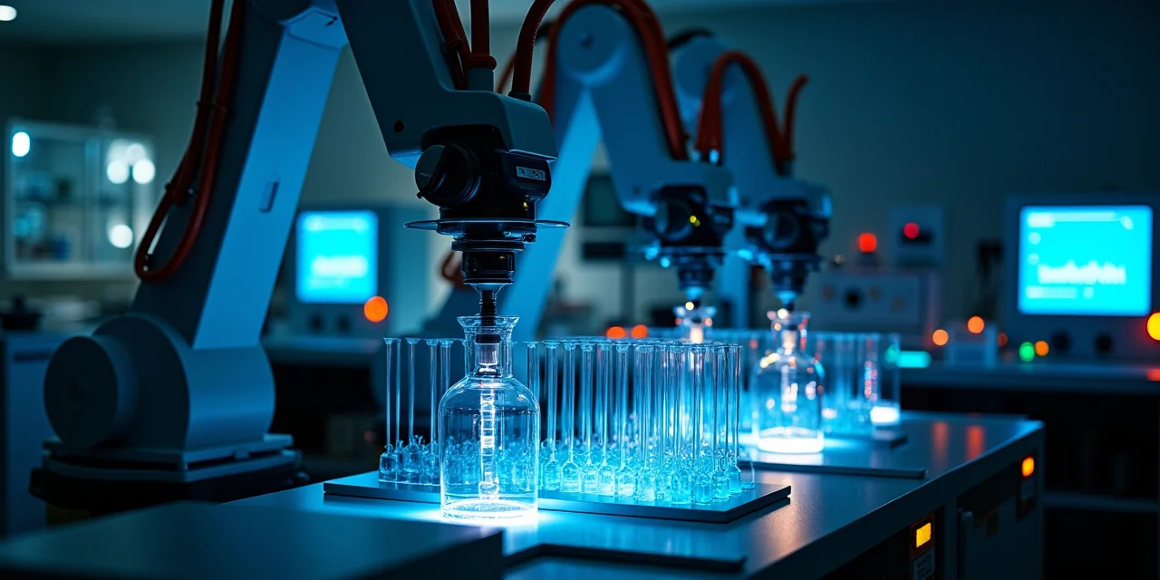 An automated chemistry laboratory at night with no humans present