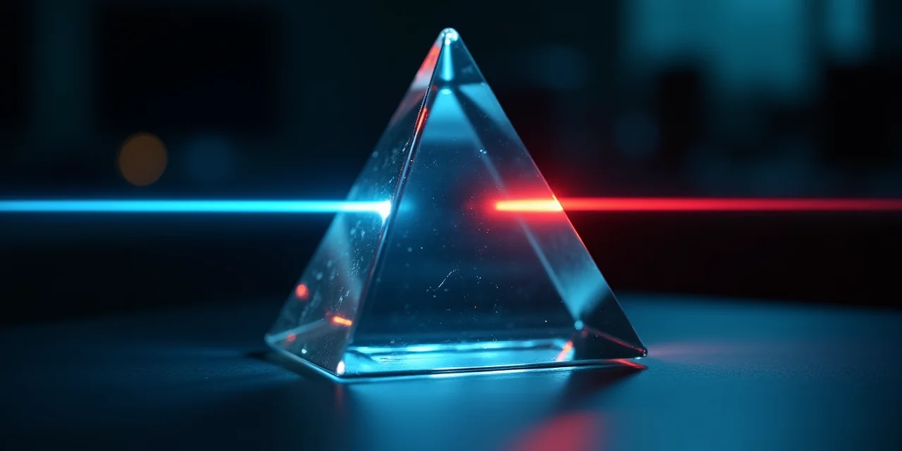 A glass prism on an optical bench with a white light beam entering one face and a single transformed colored beam exiting the opposite face,  the interior of the prism completely dark and opaque revealing nothing about the internal transformation process