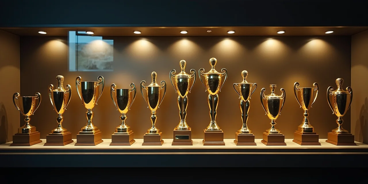 A trophy case filled with awards of different sizes and shapes