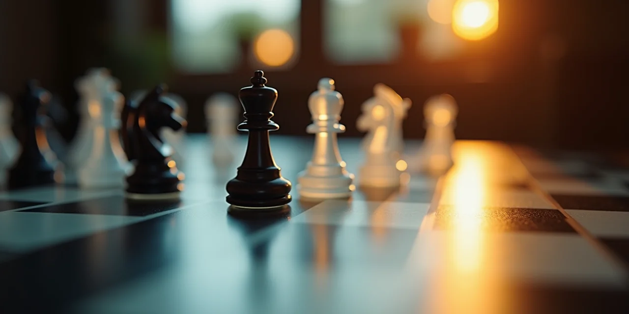 A chess board mid-game with several moves planned ahead shown as ghost pieces in transparent form at future positions
