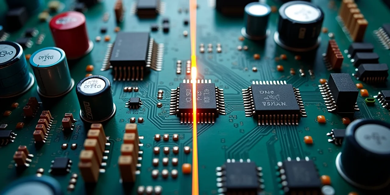 A hybrid electronic circuit board with a clear physical boundary running down the middle