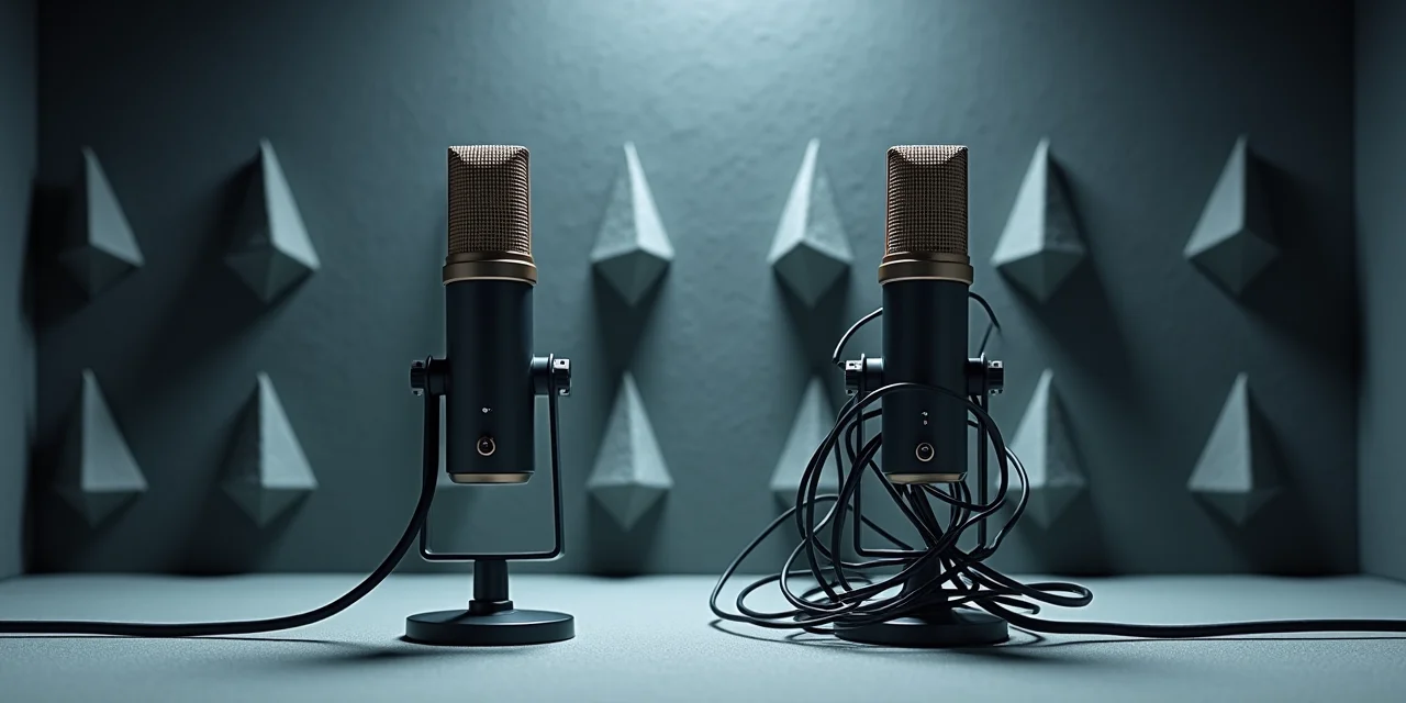 Two microphones in an anechoic chamber with contrasting cable setups — one clean and minimal, one complex — representing the simplicity gap between Whisper and Parakeet deployment