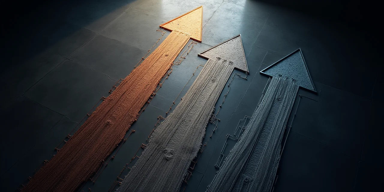 Three diverging paths of different materials — circuit traces, concrete, and fiber optics — representing the build, buy, and hire options for AI strategy