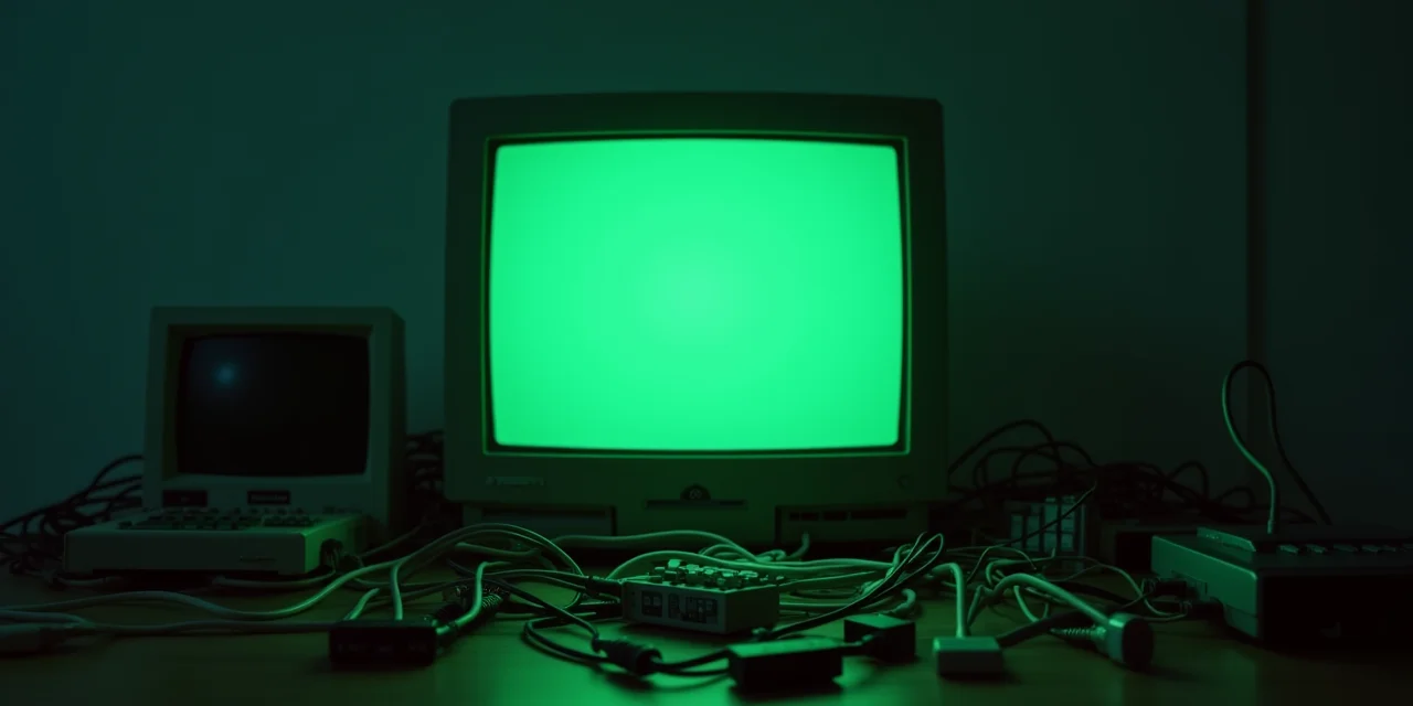 A clean terminal with blinking cursor on a CRT monitor surrounded by cluttered disconnected peripherals, representing simplicity versus complexity