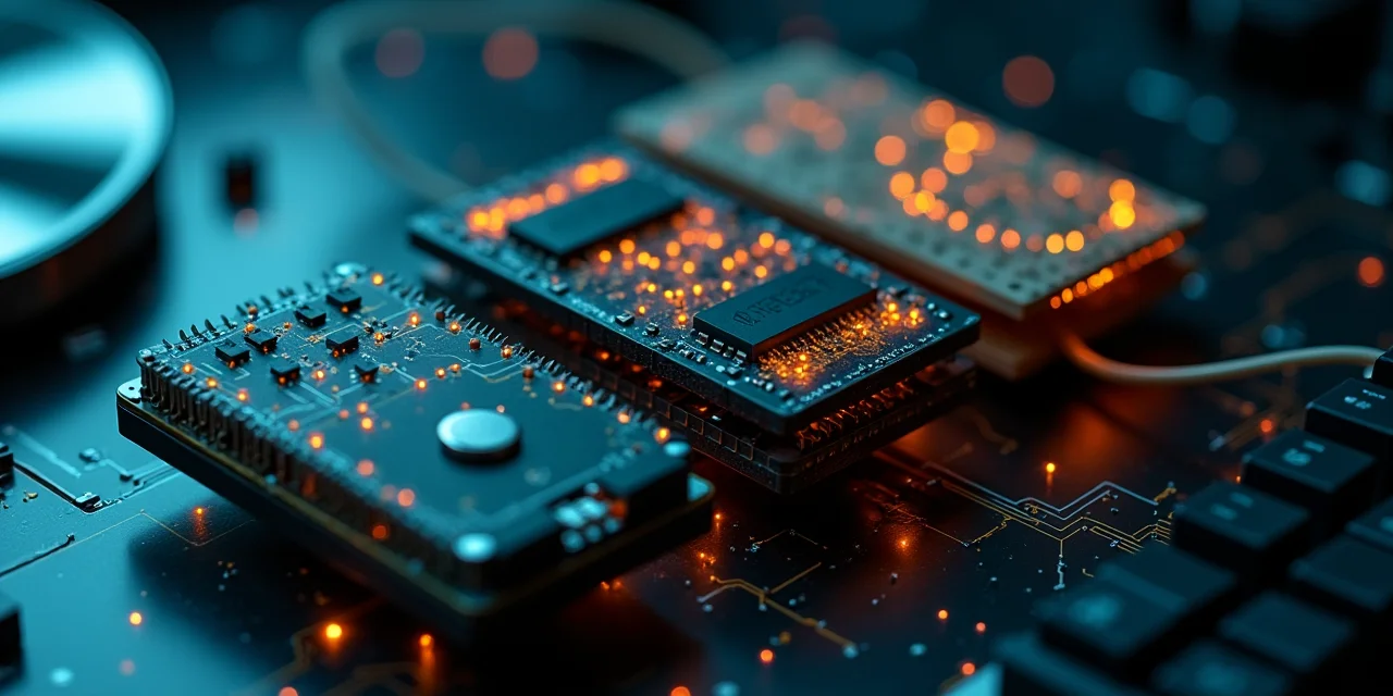 Three memory storage devices on a laboratory bench connected by fiber optic threads, representing different agent memory types