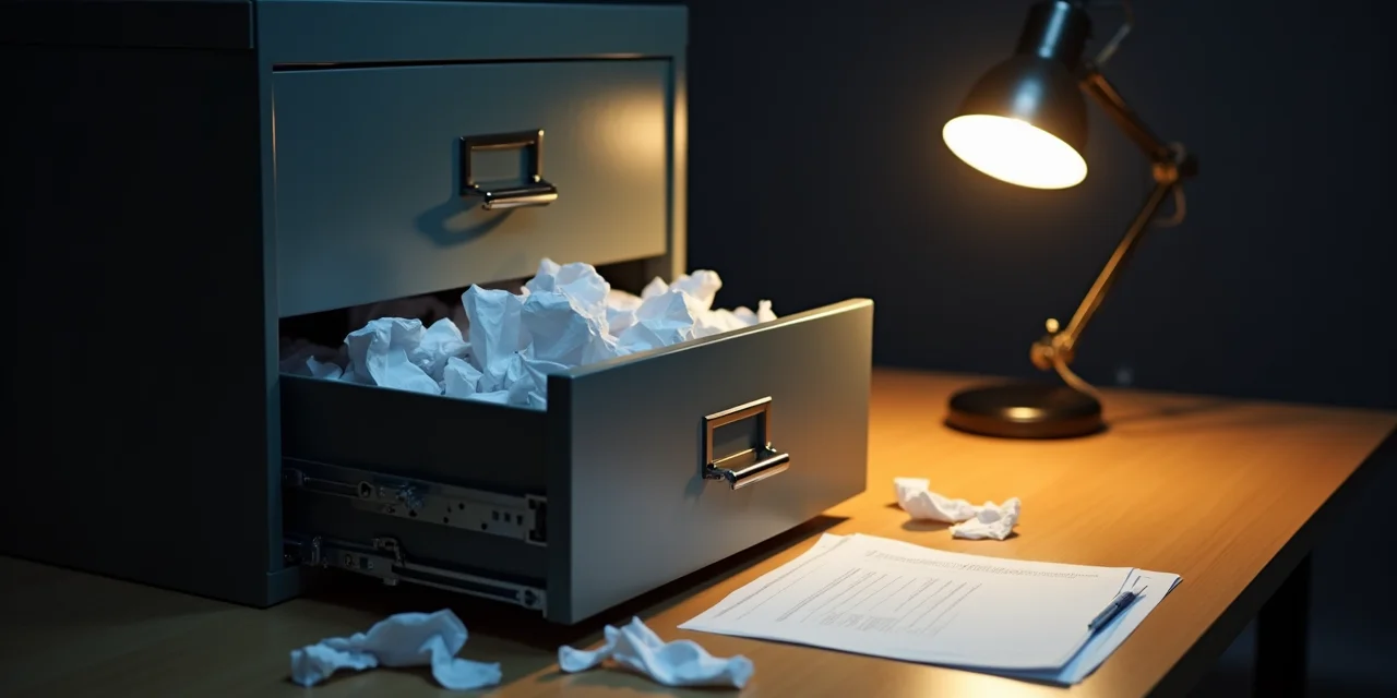 An overflowing filing cabinet beside a single clean document on a desk, representing the contrast between accumulated context and disciplined memory eviction