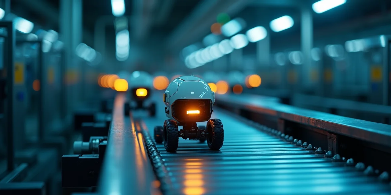 Factory conveyor belt with robotic units under diagnostic amber scanning beam